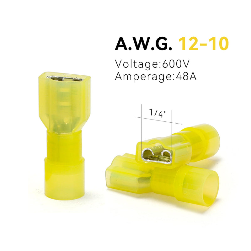 HKS 100PCS Nylon Female Spade Quick Disconnect Connector - Yellow 12-10 AWG Electrical Wire Connectors Kit - Tinned Copper - Cold-Pressed Wire Terminal Automotive Crimp Insulated