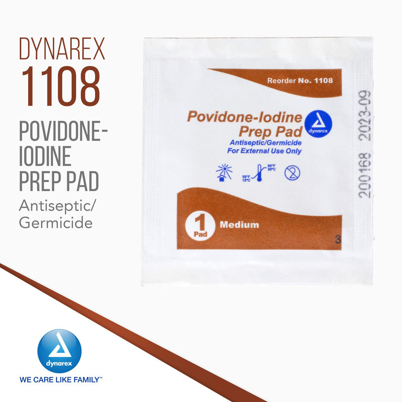 Dynarex Povidone-Iodine Prep Pads, Saturated with Povidone Iodine 10%, Medical-Grade Antiseptic Wipes Used for Prepping Prior Minor Procedures, Medium, 1 Case of 100 Prep Pads 100 Count (Pack of 1)
