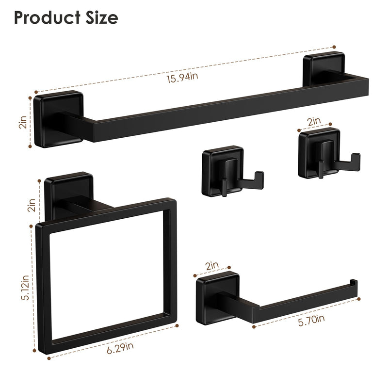 5-Piece Bathroom Hardware Set, Modern Square Black SUS304 Stainless Steel Wall Mounted Accessories for Bathroom & Toilet, Includes Towel Bar, Ring, Toilet Paper Holder and Double Hooks
