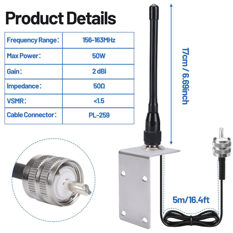 VHF Marine Radio Antenna VHF Antennas 156-163MHz Waterproof Boat Stubby Antenna with 16.4ft RG-58U Coaxial Cable,L Mount Bracket,U Bolt,PL-259 Connector for Yacht Sailboat Eifagur