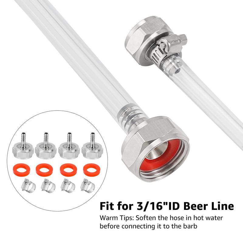 Keg Coupler Barb Connector 1/4'' Beer Barb G5/8 Thread Hex Nut 3/16 Beer Line Connectors with Clamps Keg Coupler Parts Beer Keg Coupler Fitting for Sankey Keg Couplers-4 Pack 4pcs