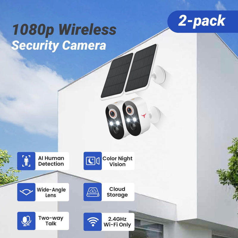 Solar Security Camera Wireless Outdoor, Battery Powered WiFi Camera for Home Surveillance, AI Human Detection, 2-Way Talk, Color Night Vision, Cloud Storage, Weather Resistance (2-Pack) 2-Pack