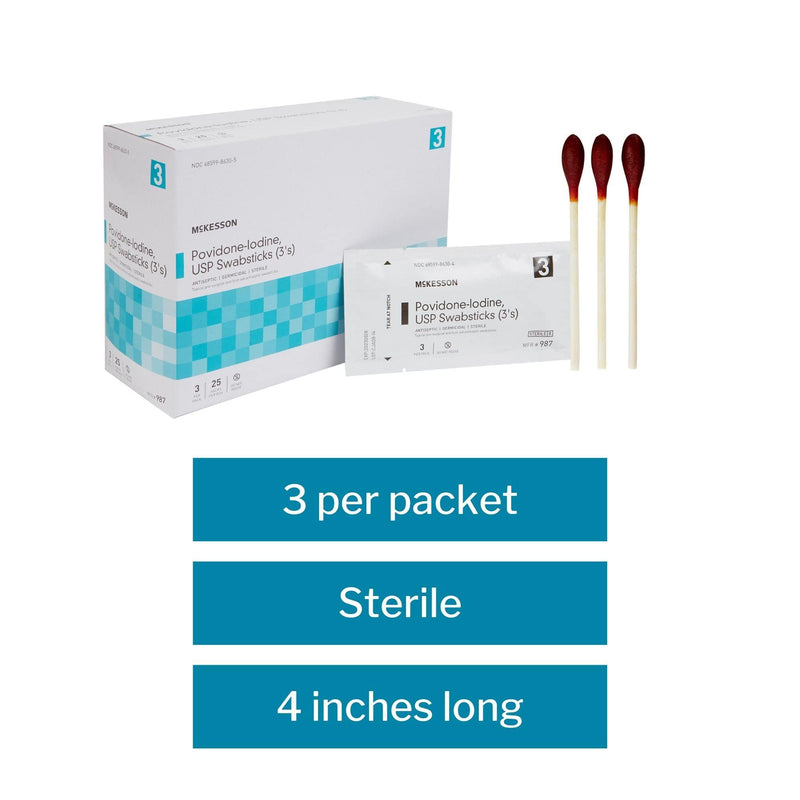 McKesson Povidone Iodine 10% Swabs Stick [75 Sticks], Sterile Swabsticks, Topical Pre-Surgical and First Aid, 3 Per Pack, 25 Packs (75 ct)