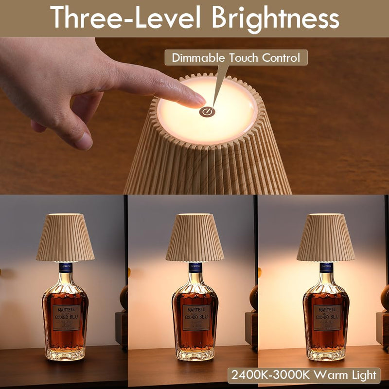 WILIT Wireless Bottle Lamp Shades for Table Lamps, 3 Level Brightness Touch Lamps for Nightstand, Rechargeable Lamp Cordless Lamp for Bedroom Bar&Restaurant, Modern Wine Bottle Light, Gifts for Women 1pc-Natural Wood Grain