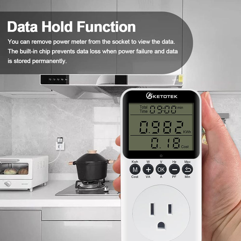 Watt Meter Power Meter Plug Electricity Usage Monitor for Home, Energy Monitor with LCD Display, Kilowatt Meter Socket Outlet, Voltage Amps Power Consumption Meter, Overload Protection US Plugs