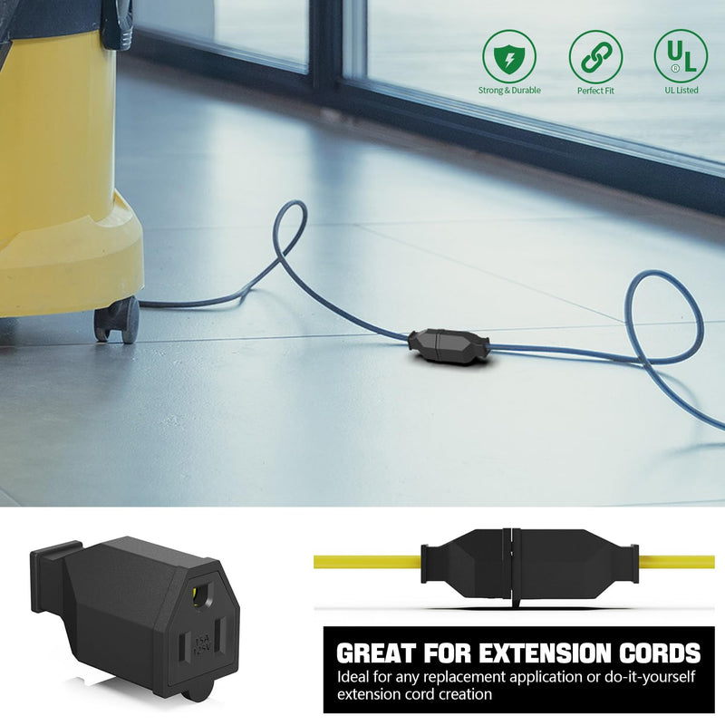 3Pack Straight Blade Plug, 2 Pole 3 Wire 125V 15A Grounding Plug Female Extension Cord Ends Replacement Electrical Plugs Connectors End Black
