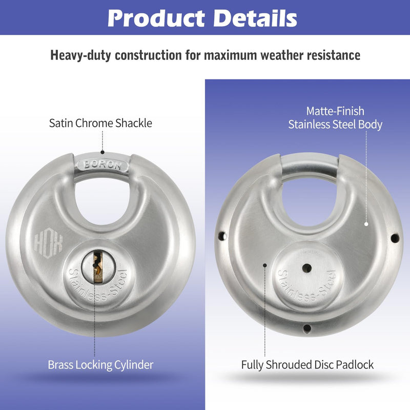 Heavy Duty Padlock with Key – 70mm Stainless Steel Commercial Discus Keyed Lock, High Security, 4 Pack
