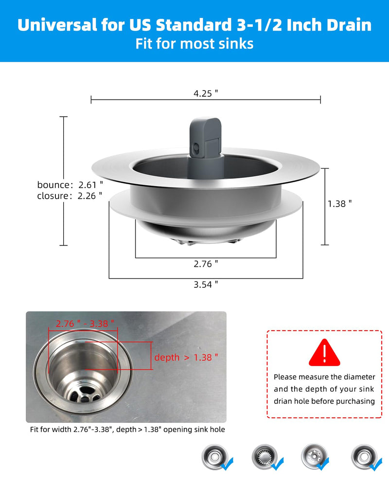 Hibbent Upgraded 3 in 1 Kitchen Sink Drain Strainer and Stopper Combo, Stainless Steel Metal Pop Up Sink Stopper, Anti-Clogging Basket with Foldable Handle for US Standard 3-1/2 Inch Drain Stainless Steel with 1 Strainer
