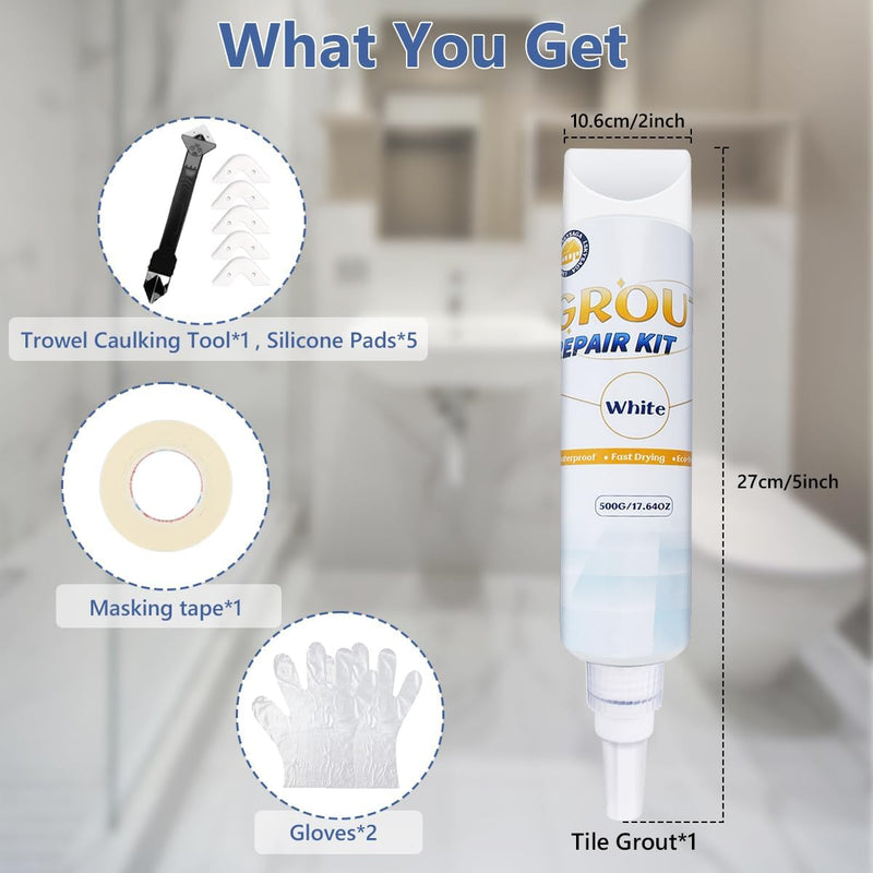 17.64 oz Tile Grout Repair Kit - Grout Filler, Fast Drying Sealer Waterproof Paint with Silicone Trowel Scraper, Restore & Renew Bathroom Shower Kitchen Floor Tile Joints, Line, Gaps (White) White