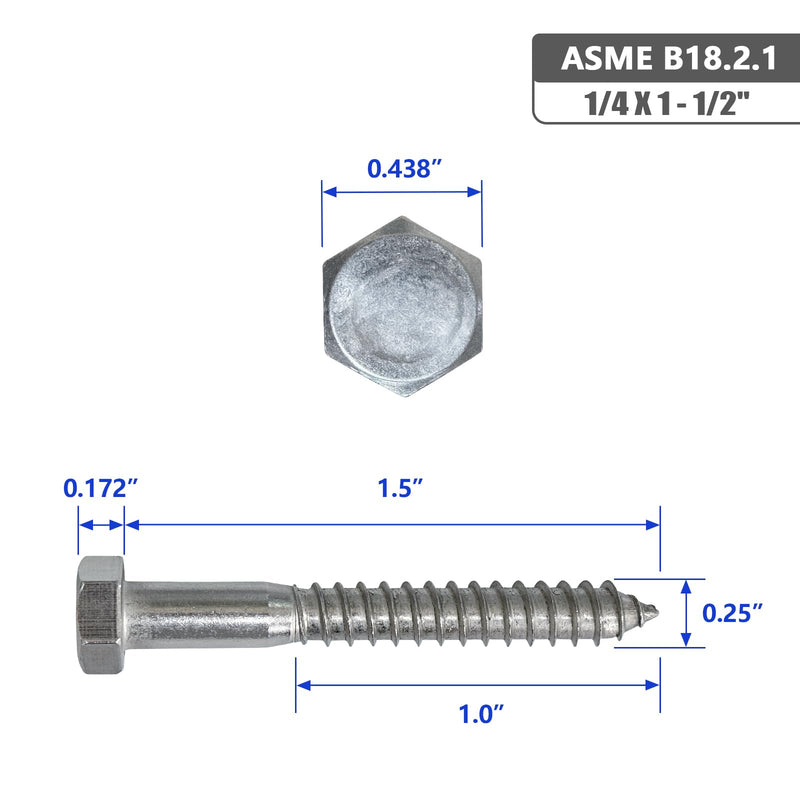 1/4 X 1-1/2" Hex Head Lag Screws Bolts, 304 Stainless Steel 18-8, Hexagon Head Wood Screws Hex Lag Screws, Pack of 20 1/4 X 1-1/2"