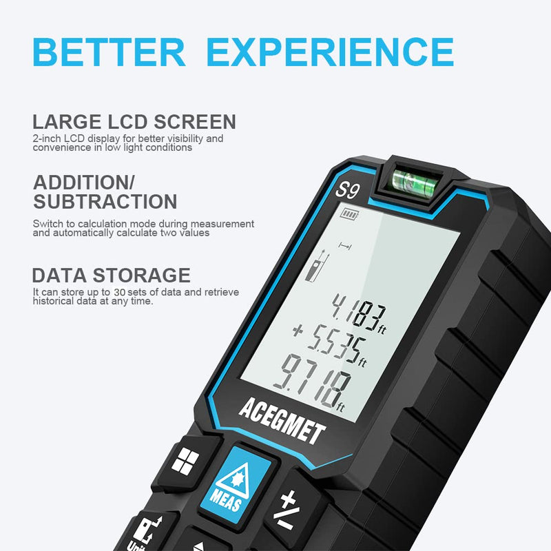 Laser Measure, ACEGMET Laser Measurement Tool (229Ft Ft/in/M) Backlit LCD with Mute Function Laser Distance Measure, Pythagorean Mode, Measure Distance, Area and Volume Laser Tape Measure 229Ft