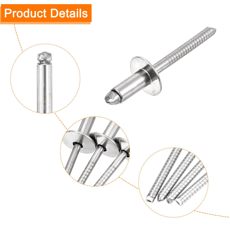 uxcell 50Pcs 1/4"x1/2" 304 Stainless Steel Large Flange Round Head Rivets, Large Cap Open End Blind Rivets for Construction, Automotive Manufacturing, Aerospace, Shipbuilding (Silver) 1/4"x1/2"