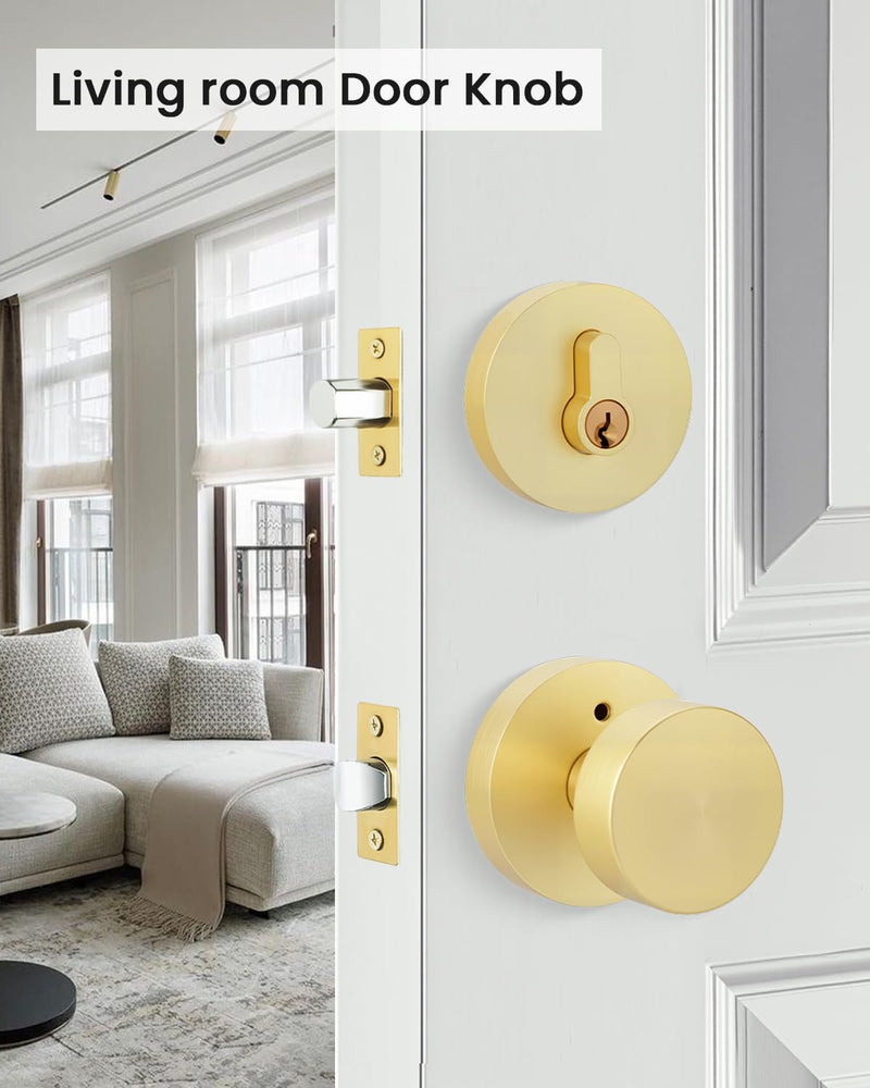 Goldenwarm 1 Pack Gold Door Knob with Deadbolt, Exterior Front Brass Door Knobs and Single Cylinder Deadbolt, Brushed Gold Front Door Locks Set - Zinc Alloy Heavy Dut