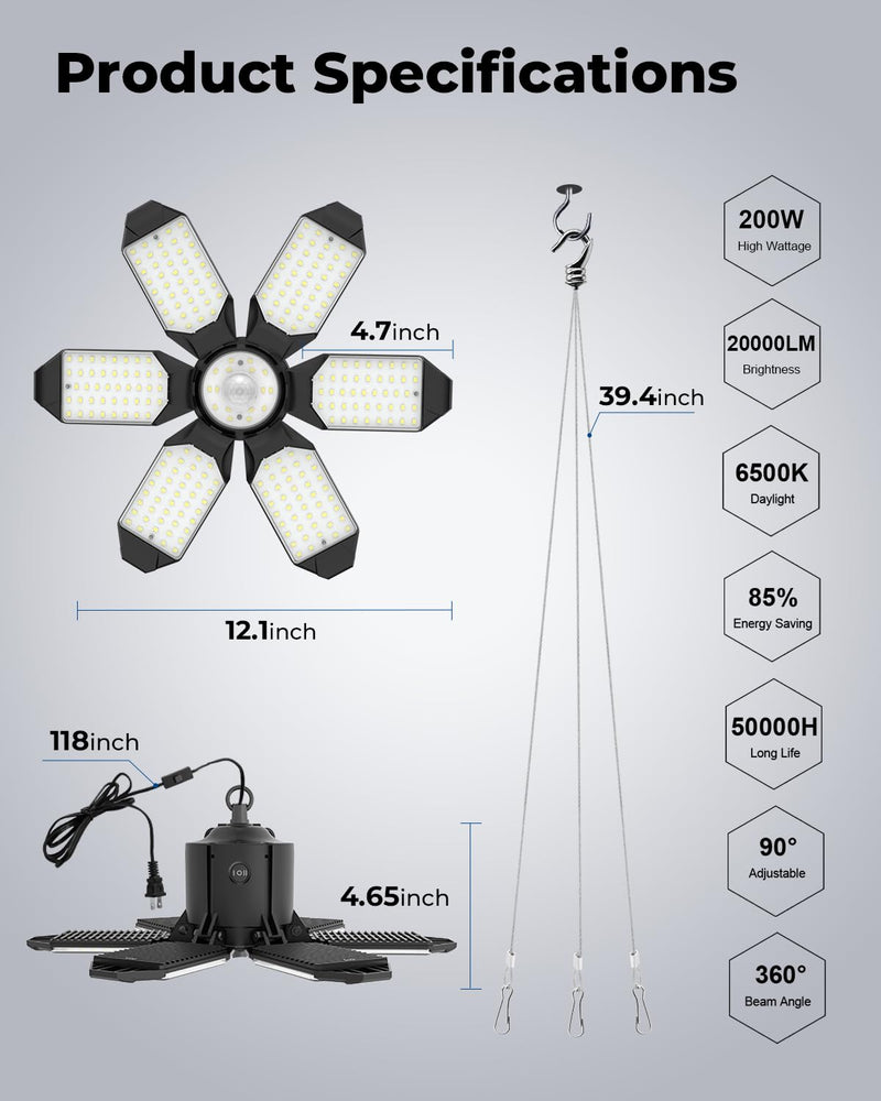 Motion Sensor Garage Light Plug in- Ultra Bright 200W 20000LM Motion Activated Shop Light with 3 Modes, 6500K Indoor Motion Light Bulb for Garage, Workshop, Utility Room (1 Pack) 1