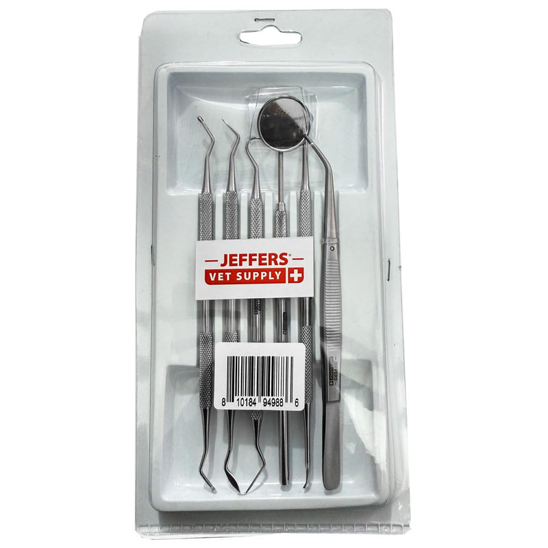 Jeffers Pet 6 Piece Stainless Steel Dental Tool Kit for Dogs & Cats – Tooth Scaler, Scraper, Probe Pick, Mirror, Tweezers & Stain Remover – Pet Grooming Tools, Teeth Cleaning Set, Hygiene Accessories 6 Piece Pack