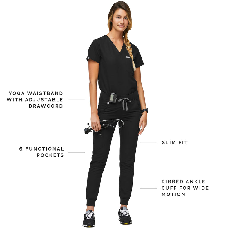 FIGS Zamora Jogger Style Scrub Pants for Women — Slim Fit, 6 Pockets, Yoga Waistband, Ribbed Ankle Cuffs, Anti-Wrinkle Petite Small Black - NewNest Australia