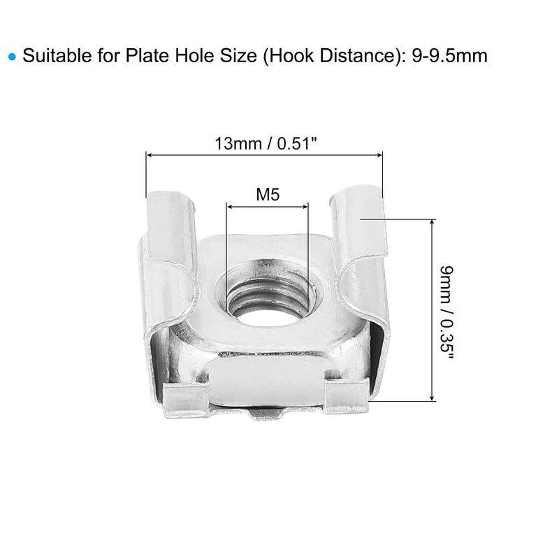 uxcell M5 x 0.8mm Cage Nut, 50Pcs Snap-in Cage Nuts, Carbon Steel Zinc Plated Metric Nut for Server Rack Cabinet, Silver 50