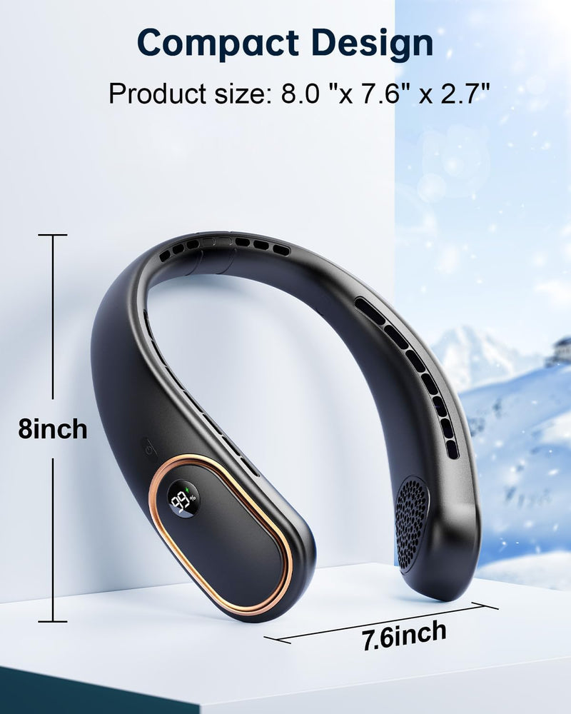 Portable Neck Fan - 5000mAh Rechargeable Hands-Free Wearable Fan | 4 Speeds, Bladeless & LED Display | Personal Cooling Fan for Travel, Outdoors, Camping - Black