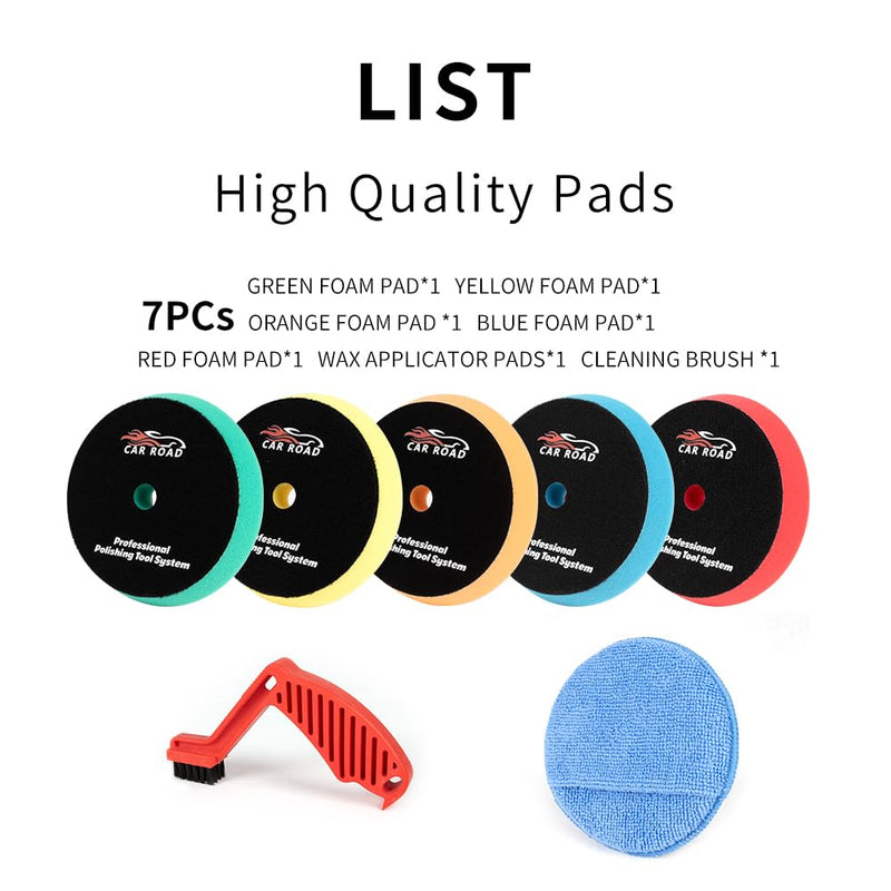 CARROAD 7pc 6.5 Inch Buffing Pads Kit - Heavy Cut to Finishing Foam & Wool Pads for DA/RO Polisher - Removes Scratches, Oxidation & Swirl Marks - 50+ Reusable Cycles 7pc 6.5inch standard