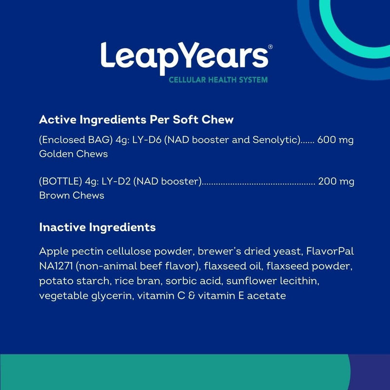Leap Years Soft Chew Dog Supplement – Supports Healthy Aging, Cognition & Vitality; Veterinarian-Formulated for Brain, Heart & Muscle Health; Powerful NAD+ Boosting & Senolytic Formula, Patent-Pending Small/Medium Breed (less than 54 lbs) - PawsPlanet Australia