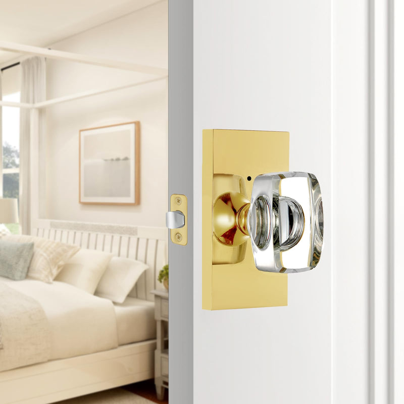 Gold Glass Crystal Door Knobs Interior with Lock, Modern Crystal Glass Privacy Door Knobs for Bedroom and Bathroom, Polished Brass