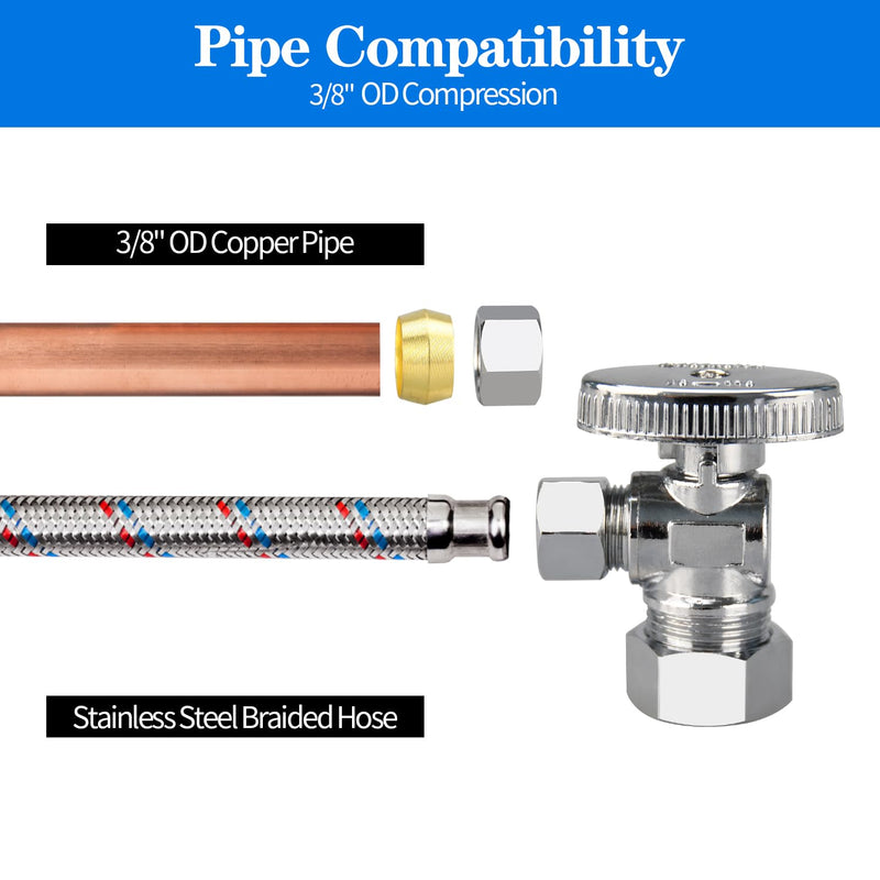Stop Valves, 2 Pack 1/2" × 3/8" Angle Stop Valve, 1/2" Nominal (5/8" OD Comp.) Angle Input, 3/8" OD Compression Output, 1/4 Turn, Chrome Plated Brass for Kitchen, Faucet, Toilet Valves 2 Pack Nominal Angle Valve