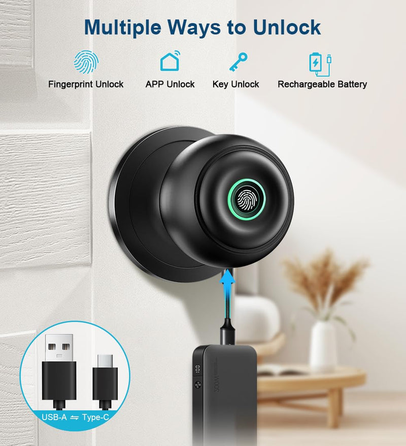 Fingerprint Door Lock, Smart Fingerprint Door Knob with Lock, Biometric Door knob with App Control & Key, Keyless Thumbprint Entry Door Lock for Bedroom, Front Door, Home, Apartment Office-Matte Black With APP-Matte Black