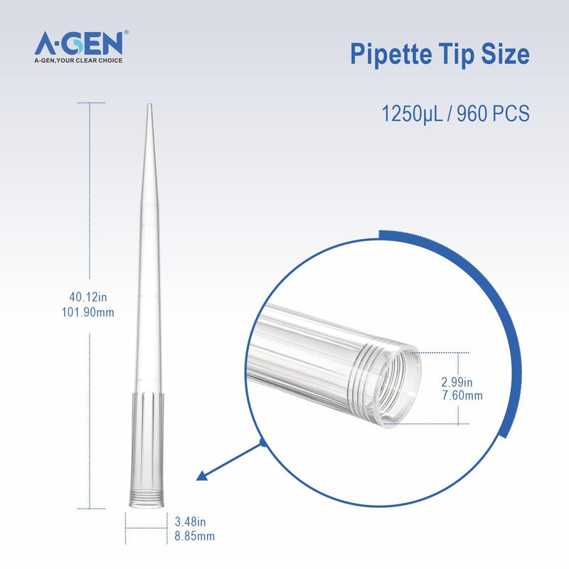 A-GEN 1250uL Racked Pipette Tips,1000uL Extra Long Pipette Tips, Clear, Universal Fit, W/Graduation, E-Beam Sterile, DNase/RNase Free,Non-Pyrogenic (10 Racks of 96 Tips, 1250uL Non-Filter) 960