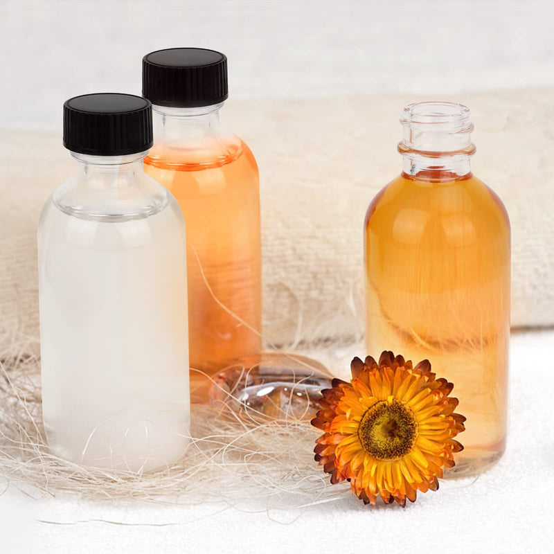2OZ Small Glass Bottles with Lids and Funnels, 60ml Boston Round Glass Bottles, Perfect for Diy Essential Oils, Perfumes, Whiskey and Juices, 6 Pack Clear