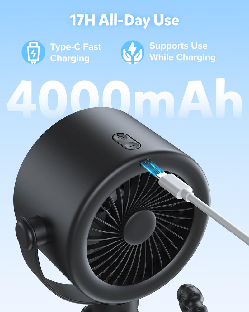 AMACOOL Baby Stroller Fan, Rechargeable Portable Clip on Fan, 17H Cooling with 5 Speeds, LED Display, 360°Rotate Personal Cooling Fans for Car Seat, Crib, Travel, Camping, Gifts for New Parents Black