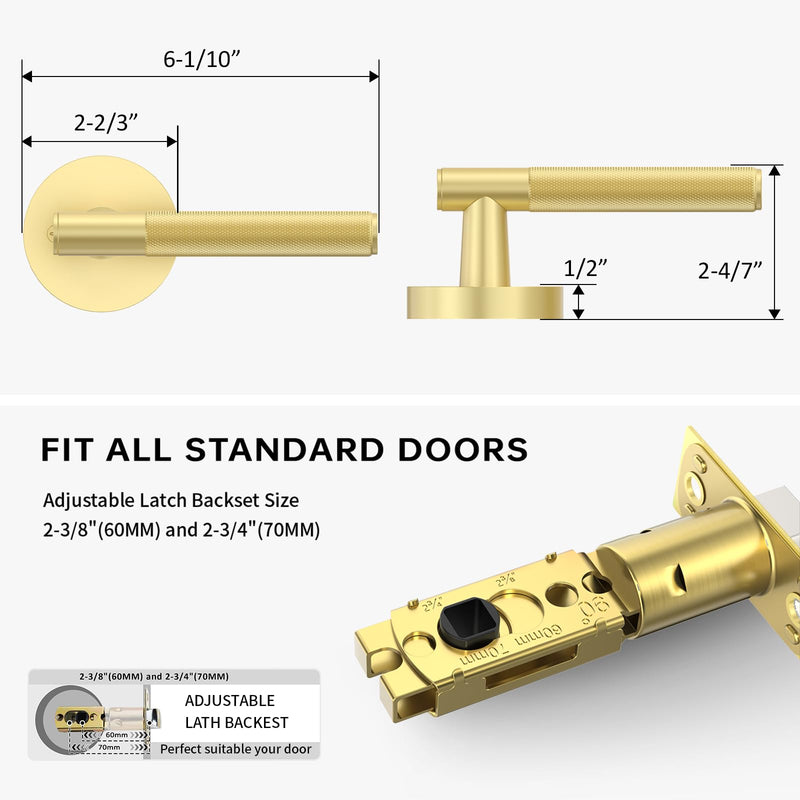 FILTA Gold Door Handles Interior Passage Round Door Handle Knobs Knurled Heavy Duty Keyless Door Lever Lock for Bedroom and Bathroom 1 Pack Passage Door Lever