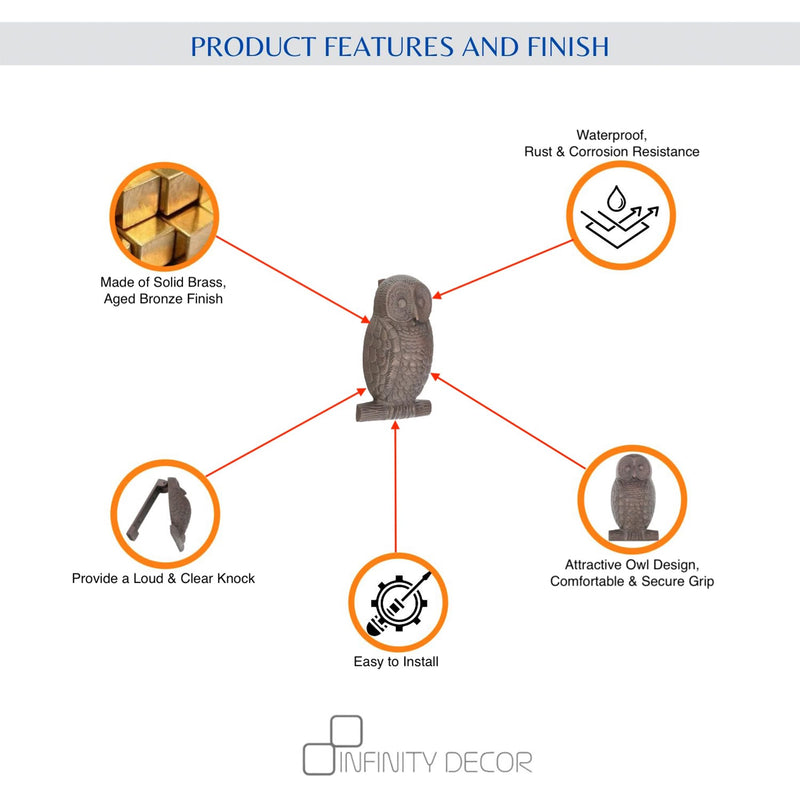 Infinity Decor Solid Brass Owl Shaped Door Knocker in Aged Bronze Finish – Premium Quality Hand Door Knocker for Entrance Front Door Furniture
