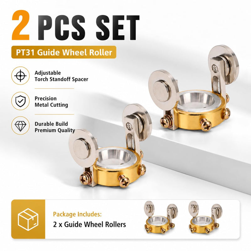 PT31 Plasma Cutter Guide Wheel Roller, Adjustable 40A Torch Standoff Spacer, Brass Plated HSS Roller Guide for Precise Metal Cutting, Fits 18-23mm ID (2) 2