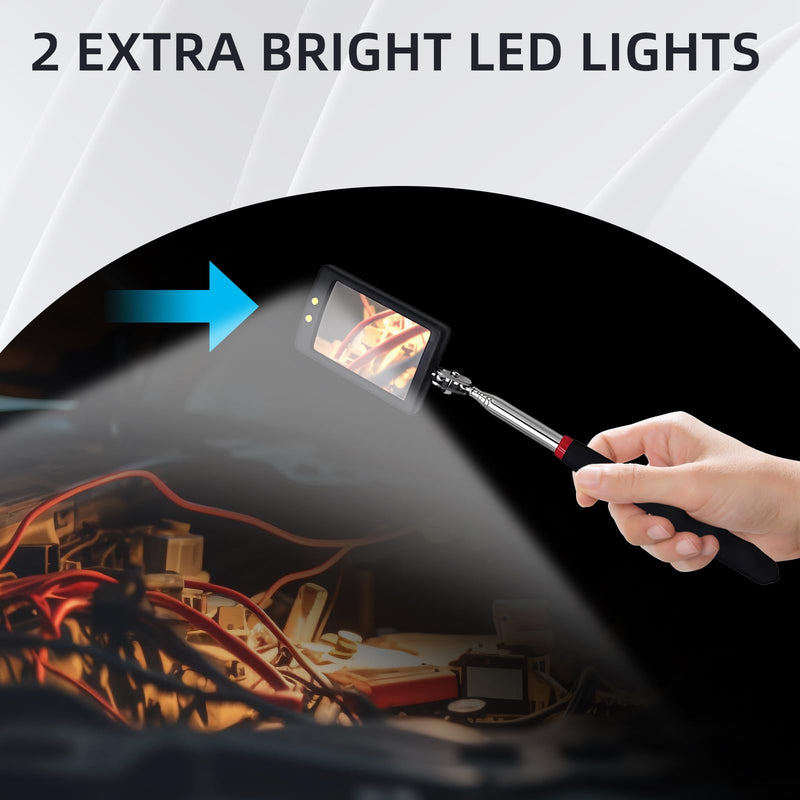 2Pcs Telescoping Lighted Inspection Mirror, 360° Rotation Mechanics Mirror Tool with 34.5" Long Extension Handle, Flexible Inspection Lighted Tool on a Stick for Mechanic, Home Inspector, Automotive