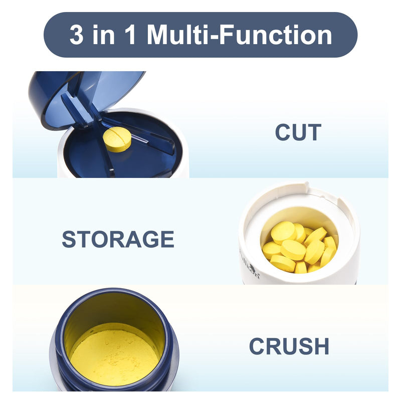 Fullicon 3 in 1 Pill Crusher Fine Powder with Stainless Steel Grinding Head, Pill Grinder for Elderly & Pet, Pill Cutter Splitter with Storage, Triturador de Pastillas with Free Brush (Indigo)