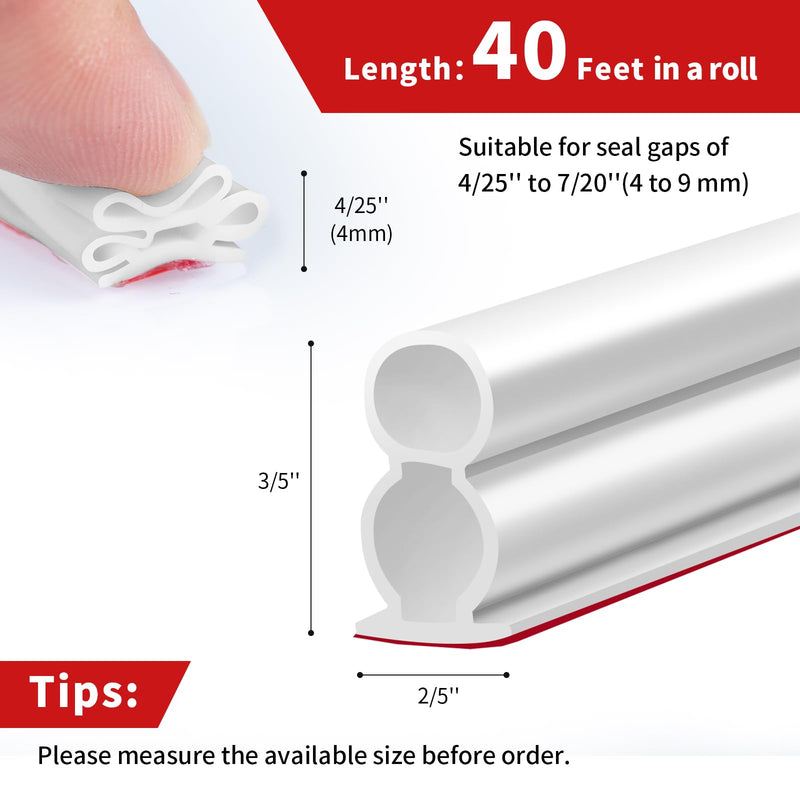 40 Feet Rubber Weather Stripping Door Seal Large Gap, Extra Thick Self-Adhesive D-Shaped Door Weather Stripping Seal Strip for Door Frame Door Insulation Strip Soundproofing (White) 40Ft White