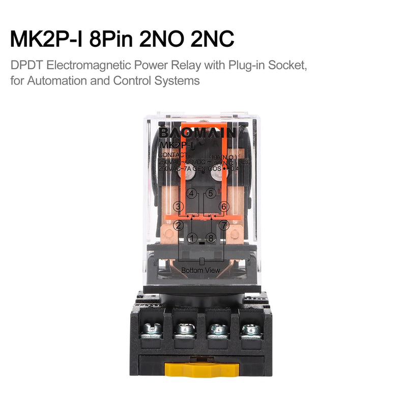 Baomain 2-Pack Power Relay MK2P-I 110VAC Coil DPDT 8 Pin with Plug-in Terminal Socket, for Automation and Control Systems