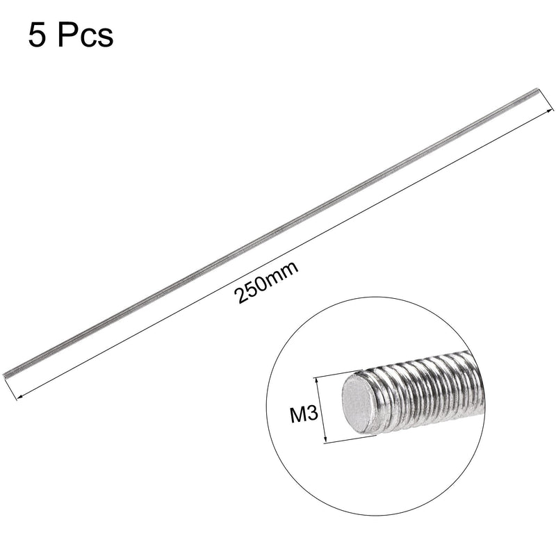 uxcell 5Pcs M3 x 250mm Fully Threaded Rod 304 Stainless Steel Right Hand Long Screws Threads Used for Screw into Hangers and U-Bolts