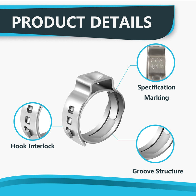 100PCs 1/2 Inch PEX Cinch Clamp Rings, 304 Stainless Steel Pex Crimp Rings for PEX Tubing, Single Ear Hose Clamps, Pipe Fitting Connections 100