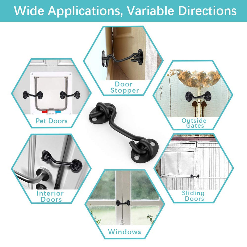 Barn Door Lock Gate Latch - 2 Pack 4 Inch Black Hook and Eye Latch Heavy Duty Screen Latches Hardware Stainless Steel Gate Lock Cabin Hooks for Sliding Door Bedroom Outdoor Window Cabinet Bathroom 2Pack Black