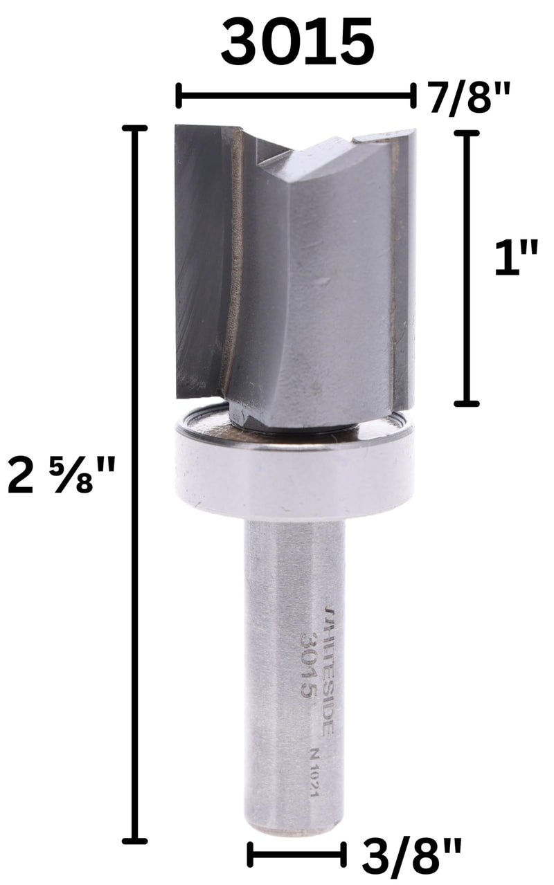 Whiteside 3015 Template Straight Router Bit: 7/8 Inch Cutting Diameter, 3/8 Inch Shank, 1 Inch Cutting Length, B12 Ball Bearing