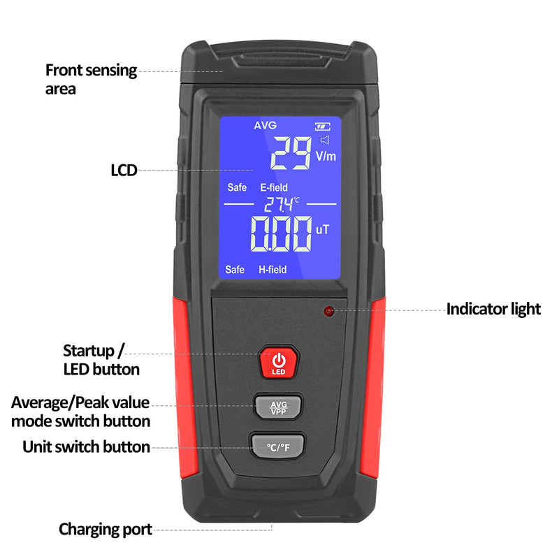 EMF Meter, XRCLIF Digital Electromagnetic Radiation Detector, Hand-held EMF Tester for Home/Outdoor, Ghost Hunting Equipment, Electric Field/Magnetic Field Monitor with LED Light & Sound Alarm