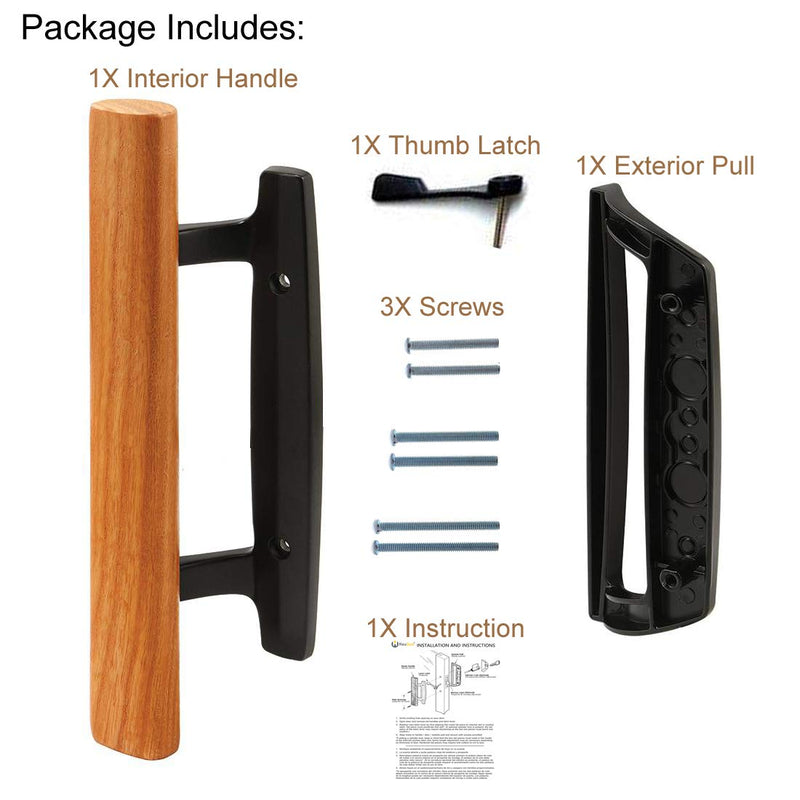 Mortise Style Reversible Sliding Patio Door Handle Set with Oak Wood Interior Handle and Exterior Pull in White Diecast Finish Fits 3-15/16” Screw Hole Spacing, Non-keyed with Latch Locks (Black) Black