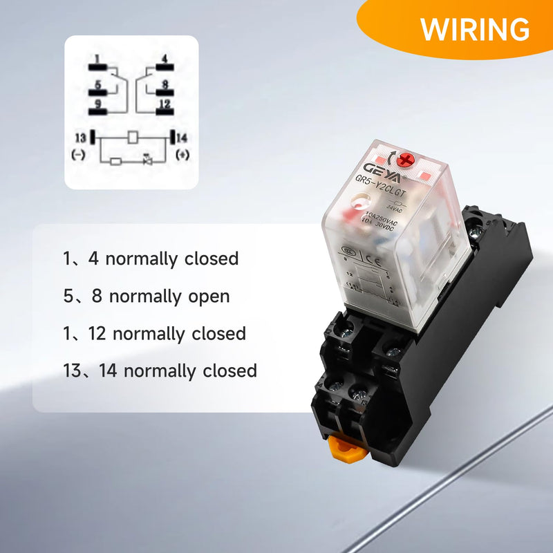2PCS Electromagnetic Power Relay, 8-Pin DC 12V 10Amp DPDT Relay,LED Indicator, GR5-Y2CLGT with Socket Base and DIN Rail 12VDC-2pcs