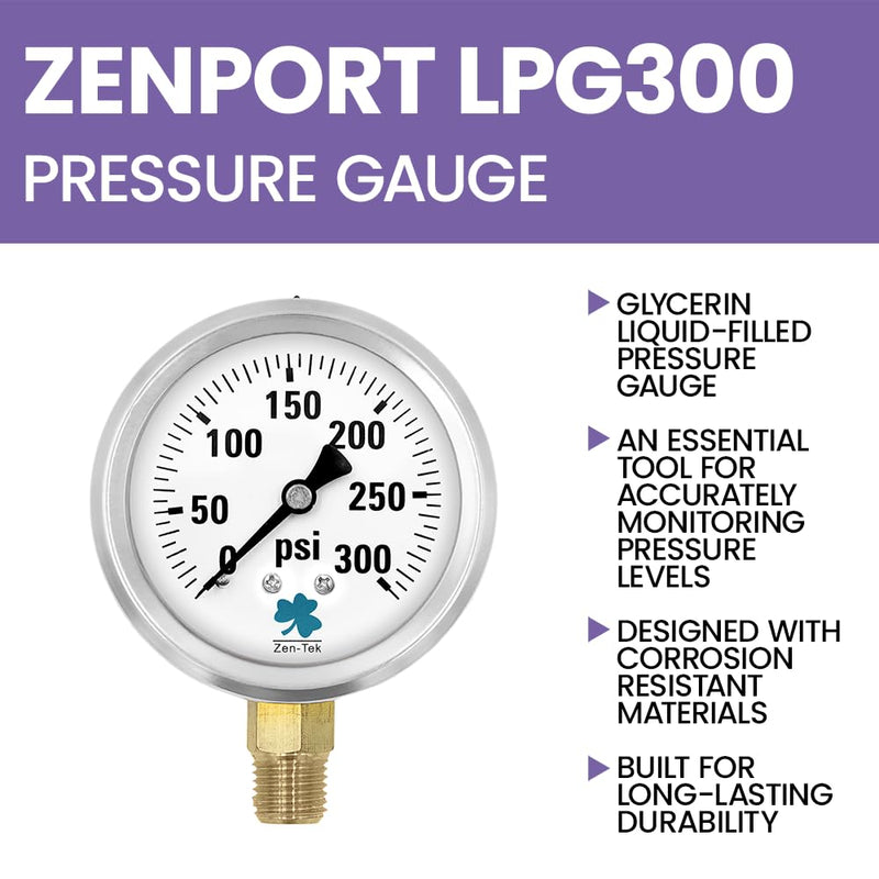 Zenport LPG300 Zen-Tek Glycerin Liquid Filled Pressure Gauge, 300 PSI Single Pack