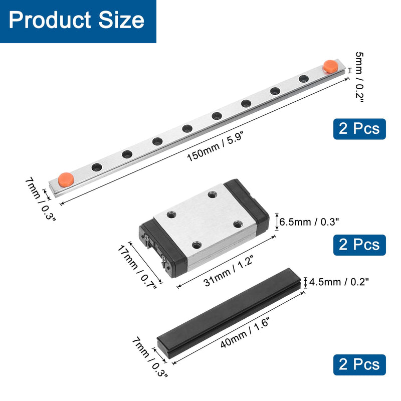 uxcell 2pcs MGN7 150mm Linear Guide Rail with 2pcs MGN7H Sliding Carriage Block Bearing Steel and 2pcs Plastic Mini MGN12 Linear Guide for DIY 3D Printers and CNC Machine, Silver