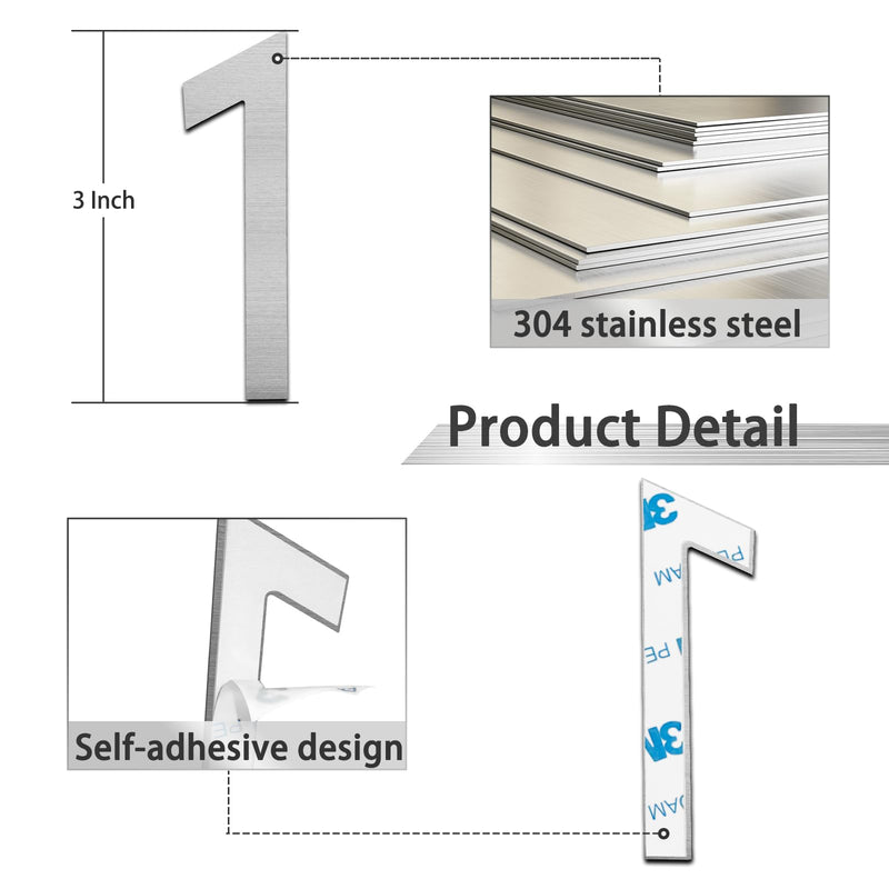 3 Inch Modern House Numbers, Brushed Silver Mailbox Number,Stainless Steel Material,Self-adhesive Number Door Numbers for Apartments Office (1) 1