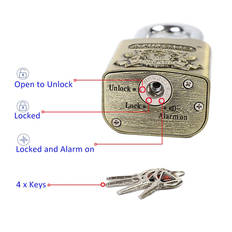 Alarm Padlock - Anti-Theft Heavy Duty Security Alarm Lock - 120db Alarm Sound - Weather Proof for Door Storehouse Truck with 4 Keys (10mm) Bronze 10mm