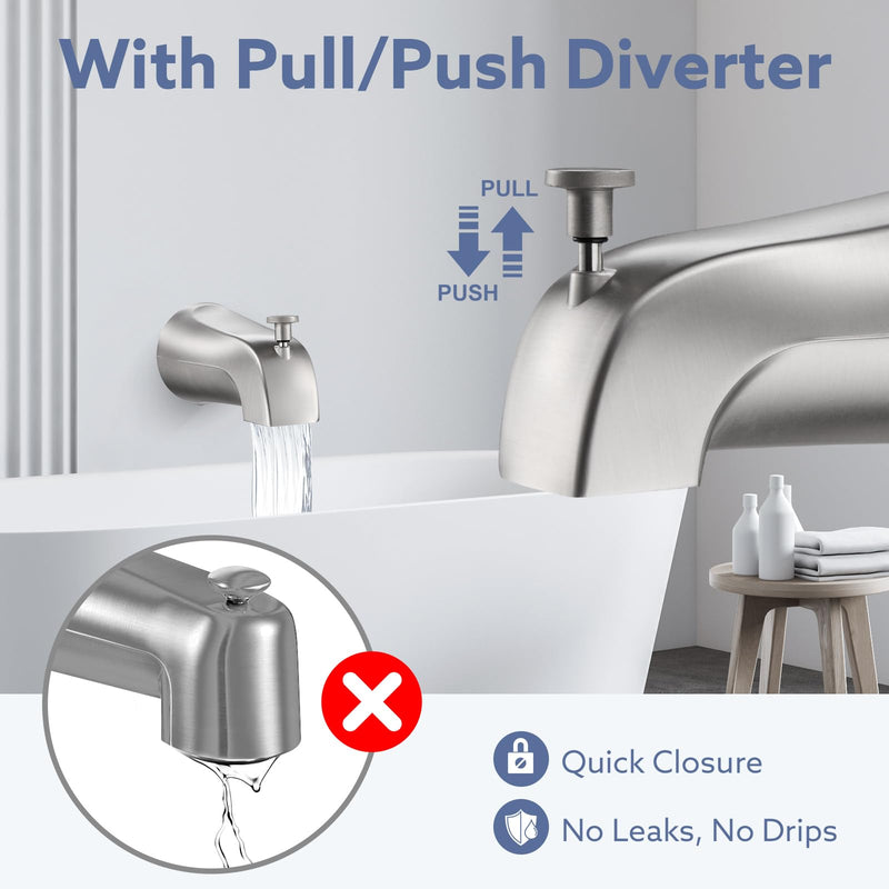 Universal Bathtub Tub Spout with Diverter, Wall Front Mount Tub Faucet Spout 1/2" IPS Thread, Compatible with Westbrass E531D-1F-62 Replacement (Brushed Nickel) Brushed Nickel