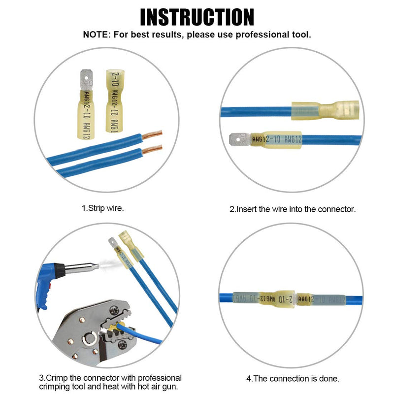Glarks 100pcs 12-10 Gauge Fully Insulated Female/Male Spade Nylon Heat Shrink Waterproof Quick Disconnect Electrical Insulated Crimp Terminals Connectors Assortment Kit Yellow